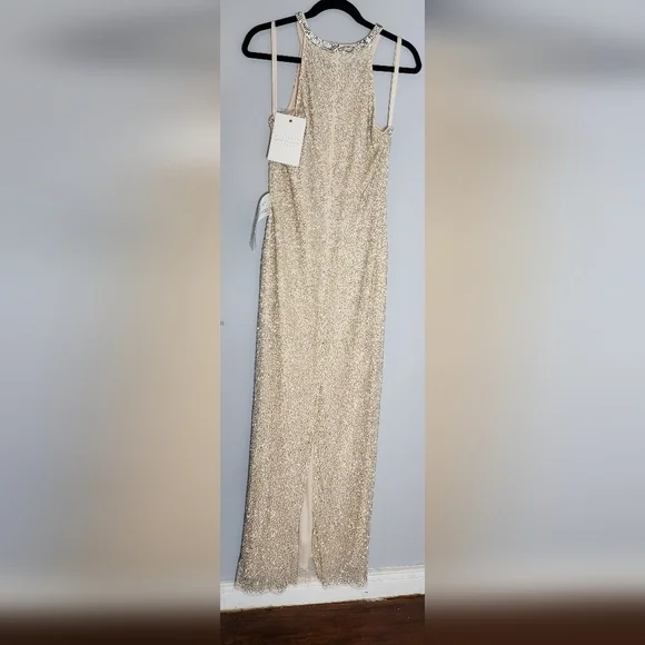 Mac Duggal BEADED SLEEVELESS HIGH NECK COLUMN GOWN size 10  Nude Silver - Picture 4 of 15